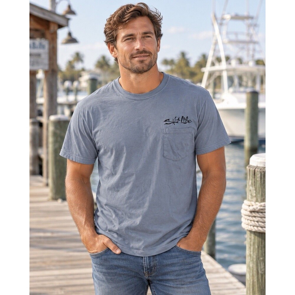 Salt Life Men’s Medium Blue Gray Dive Flag Skull Pocket T-Shirt Cotton